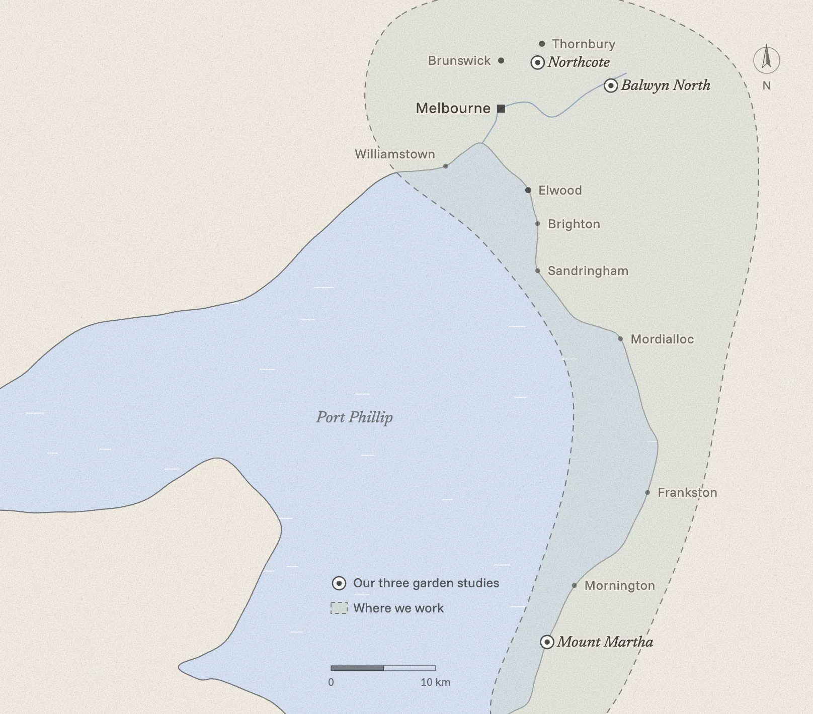 Map of Port Phillip with a dashed area covering inner and middle Melbourne and the bay side of the Mornington Peninsula, the three garden studies marked at Northcote, Balwyn North and Mount Martha.