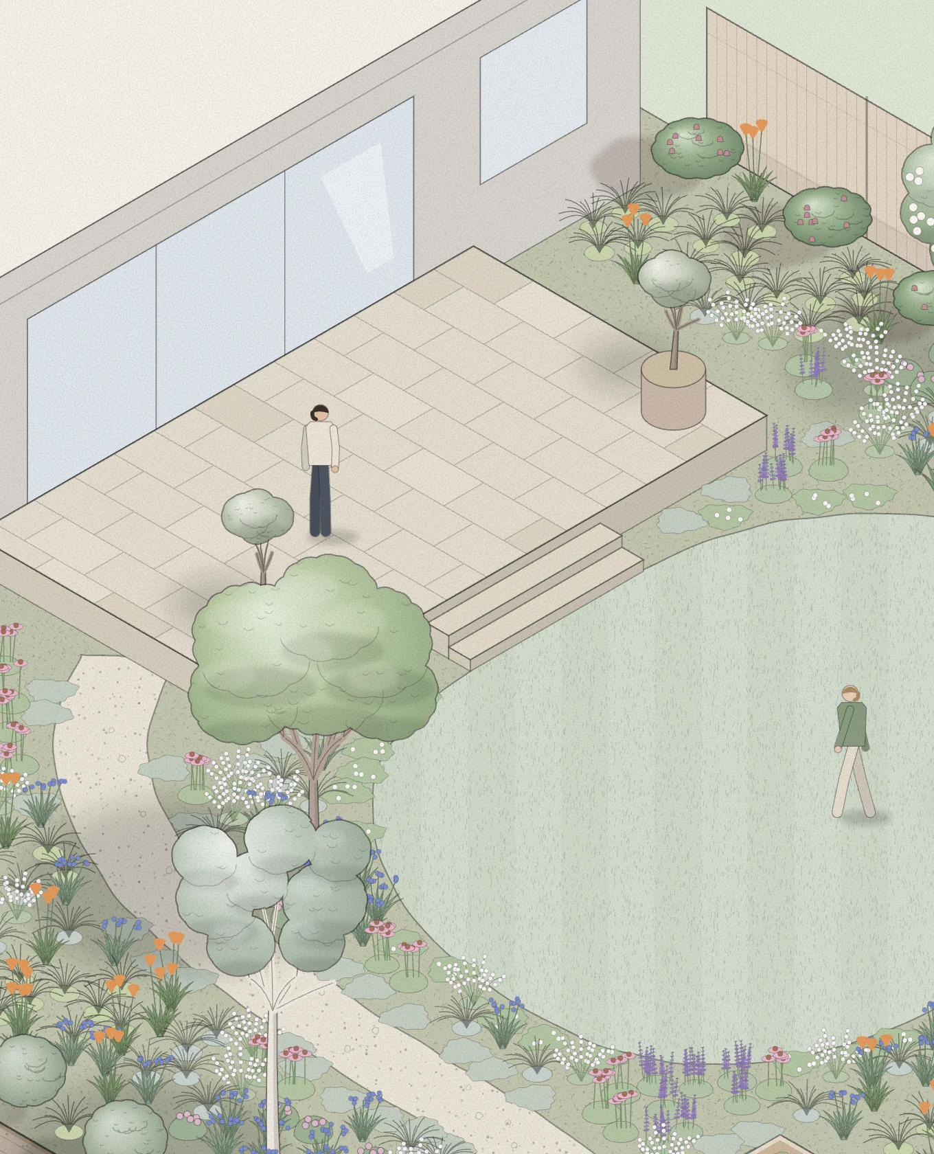 Isometric drawing of a new house and its garden: a paved terrace by the doors, steps down to a lawn, young trees and planting, with one person on the terrace and another crossing the lawn.